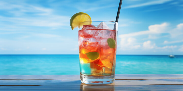 Glass with cocktail against the background of the sea, bright summer background