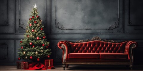 Vintage sofa and Christmas tree in the living room for Christmas.