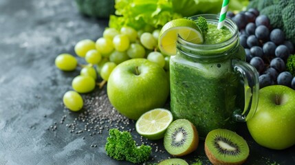 Glass jar mugs with green health smoothie, kale leaves, lime, apple, kiwi, grapes, banana, avocado, lettuce