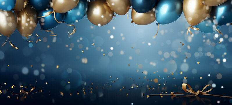 Gold and metalic blue ballons with confetti to festive feeling with place for text for post and banner background