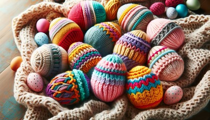 Fototapeta na wymiar Knitted handmade Easter eggs. Generative AI