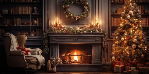 Cozy brown living room with a fireplace, adorned with a beautifully decorated Christmas tree,...