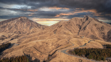  Mt Aso volcano with road in winter aerial view