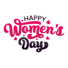 Beautiful hand drawn script lettering Women's day vector illustration. Happy Women's Day background with heart shapes. Happy Women's Day calligraphy. 8 March greeting card template.