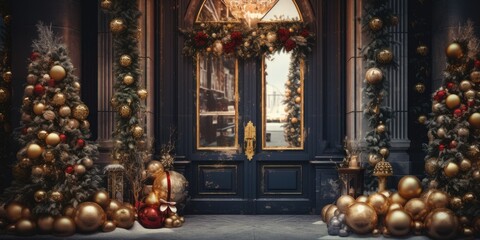 Christmas decorations at the entrance of a hallway.