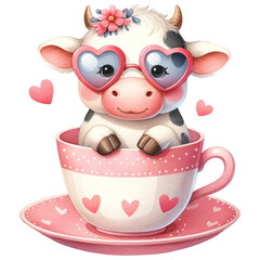 Cute Cow wearing Heart-Shaped Sunglasses in a Teacup, Happy Valentine Baby Animal in a Cup, Love and Red Heart Concept, Watercolor, Isolated on Transparent Background. Generative AI 