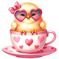Cute Chick wearing Heart-Shaped Sunglasses in a Teacup, Happy Valentine Baby Animal in a Cup, Love and Red Heart Concept, Watercolor, Isolated on Transparent Background. Generative AI 
