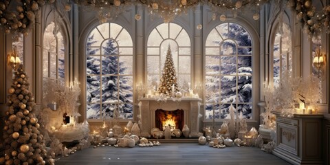 Luxurious Christmas room with a fairy tale interior design, panoramic windows, a fireplace, a Christmas tree adorned with lights, gifts, candles, lanterns, and garland lighting, creating a warm and