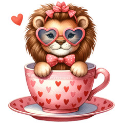 Obraz premium Cute Lion wearing Heart-Shaped Sunglasses in a Teacup, Happy Valentine Baby Animal in a Cup, Love and Red Heart Concept, Watercolor, Isolated on Transparent Background. Generative AI 