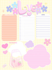 Cute inspiration notepaper kawaii design printable .  White pink pages for tags , weekly notes,  to do list minimal style with flowers Slogan love rainbow cute animals characters 