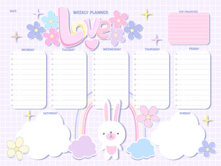 Cute inspiration notepaper kawaii design printable .  White pink pages for tags , weekly notes,  to do list minimal style with flowers Slogan love rainbow cute animals characters 
