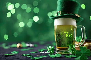 Green beer pint and leprechaun hat over dark green background, decorated with shamrock leaves