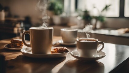 cups of coffee on a wooden table in a cafe or restaurant