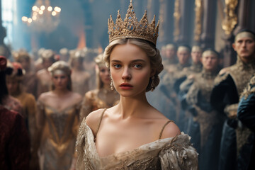 A young queen with a crown, surrounded by her courtiers in the hall of a royal castle. The image captures the beauty, royalty, nobility, and elegance of the monarch in her kingdom - obrazy, fototapety, plakaty
