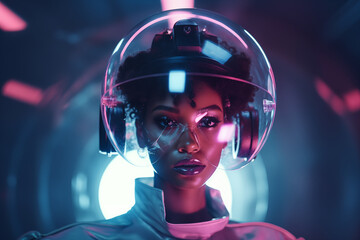 A young, beautiful woman in afro style with futuristic glasses on her head. This image captures the concept of future fashion, modern technology, and individual culture.