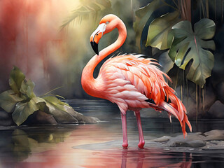 Pink flamingo standing in the water, watercolor illustration. 