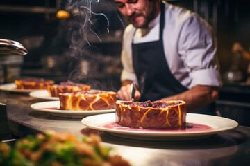 Chefs preparing beautiful dishes in French restaurant's kitchen
