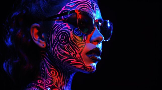 mesmerizing black female with fluorescent prints on skin, cosmic paint  glowing on neon lights, black background. young calm and peaceful lady  losing h Stock Photo - Alamy