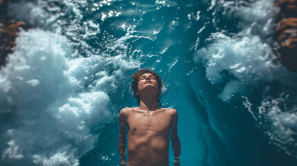 Contemplation Underwater: Youthful Dreamer Submerged in Blue"
A youthful figure is suspended in the quiet depths, eyes closed in contemplation. Surrounded by the ocean's embrace