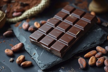 Dark chocolate bar with cocoa beans on a black background