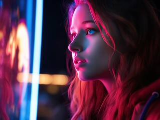 Close up of girl under pink neon light at night in profile