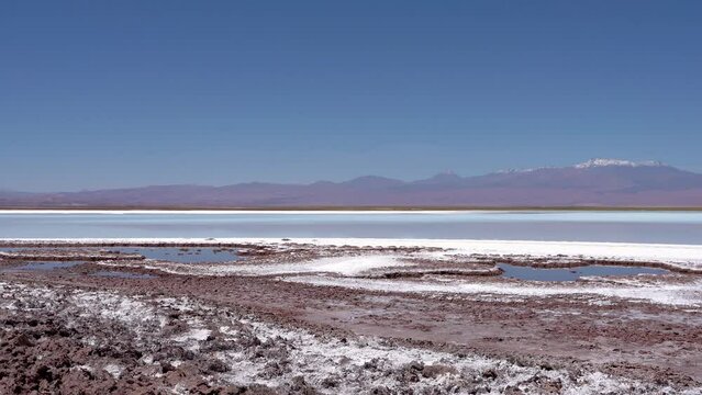 Beautiful aerial footage of the Atacama - Calama - Antofagasta Dessert and Salar - turquoise lagoon 