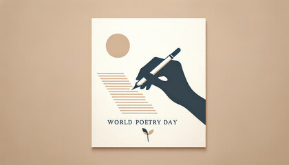 Creative poster design for World Poetry Day featuring the silhouette of a hand writing with a pen, with simple geometric shapes.Greeting card. - obrazy, fototapety, plakaty