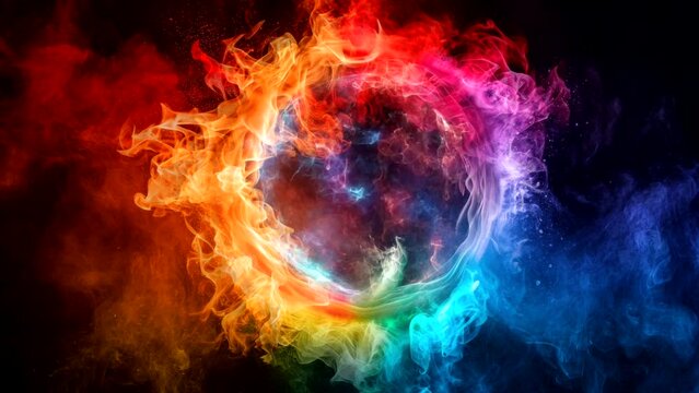 Colorful fire flame in circle shape on dark black background,  video animation seamless looping 4k
