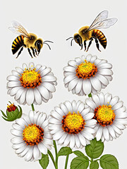 Illustrated Color Drawing Two Bees above White Flowers Spring Background
