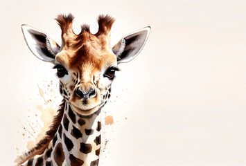 Adorable watercolor nursery painting of a cute baby giraffe with text area. Digital animal art.  