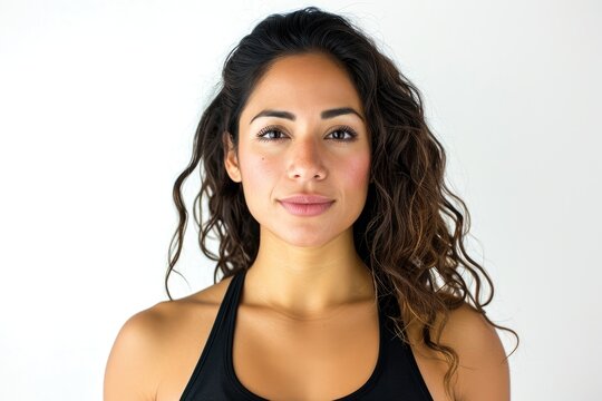 Fitness instructor portrait of a Latino woman, athletic and motivating, white background