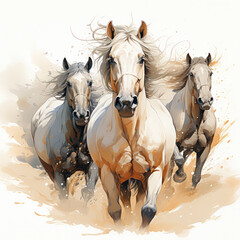 Illustration of three galloping horses, capturing dynamic movement