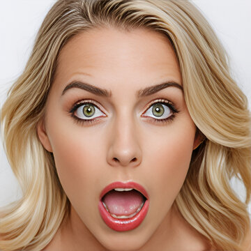  Striking image of a blonde woman expressing intense surprise, featuring wide-open eyes and an open-mouthed expression, isolated on a crisp white background