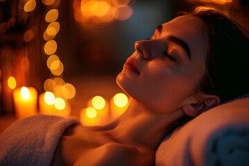In a spa's ambient dim lighting adorned with candles, a young woman is portrayed, encapsulating the essence of massage and relaxation.