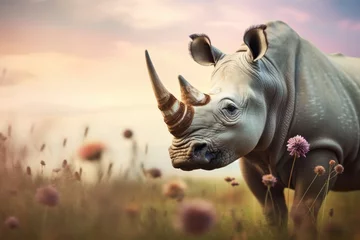 Fotobehang A rhinoceros is standing in a field with flowers. Generative AI. © serg3d
