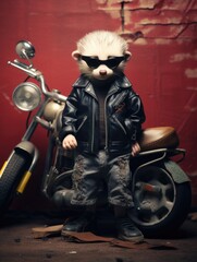 Fototapeta na wymiar A stuffed animal wearing sunglasses and a leather jacket. Generative AI.