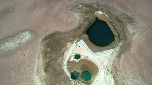 Beautiful aerial footage of the Atacama - Calama - Antofagasta Dessert and Salar - turquoise lagoon 