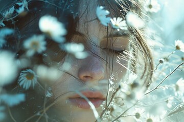 female's face covered in daisies