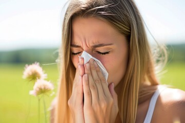 female having an allergy outside in summer - obrazy, fototapety, plakaty