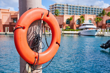 Luxury Marina Lifebuoy and Yacht in Nassau - Eye-Level View