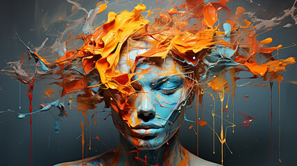 Vivid abstract of a female face with dynamic paint splashes - obrazy, fototapety, plakaty
