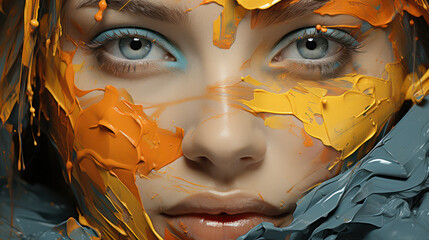 Abstract close-up portrait with golden paint highlights