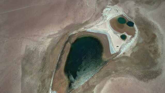 Beautiful aerial footage of the Atacama - Calama - Antofagasta Dessert and Salar - turquoise lagoon 