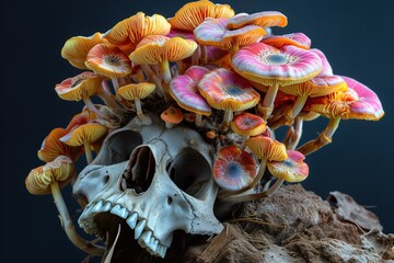 colorful mushrooms growing out of a skull on a dark background