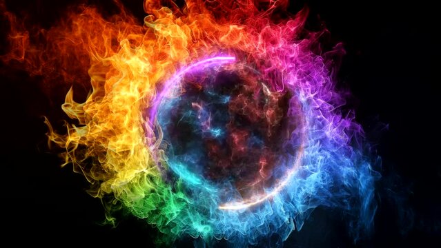 Colorful fire flame in circle shape on dark black background,  video animation seamless looping 4k