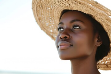 Relaxed portrait of an African woman on vacation, leisurely and serene, white background