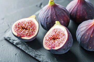 Ripe purple figs on a dark slate board