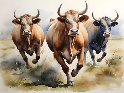 Watercolor painting with three horned cows running. Generative AI