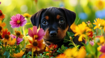 puppy in a summer flower field, curious