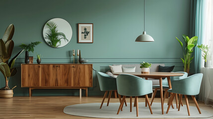 Mint color chairs at round wooden dining table in room with sofa and cabinet near green wall. Scandinavian, mid-century home interior design of modern living room